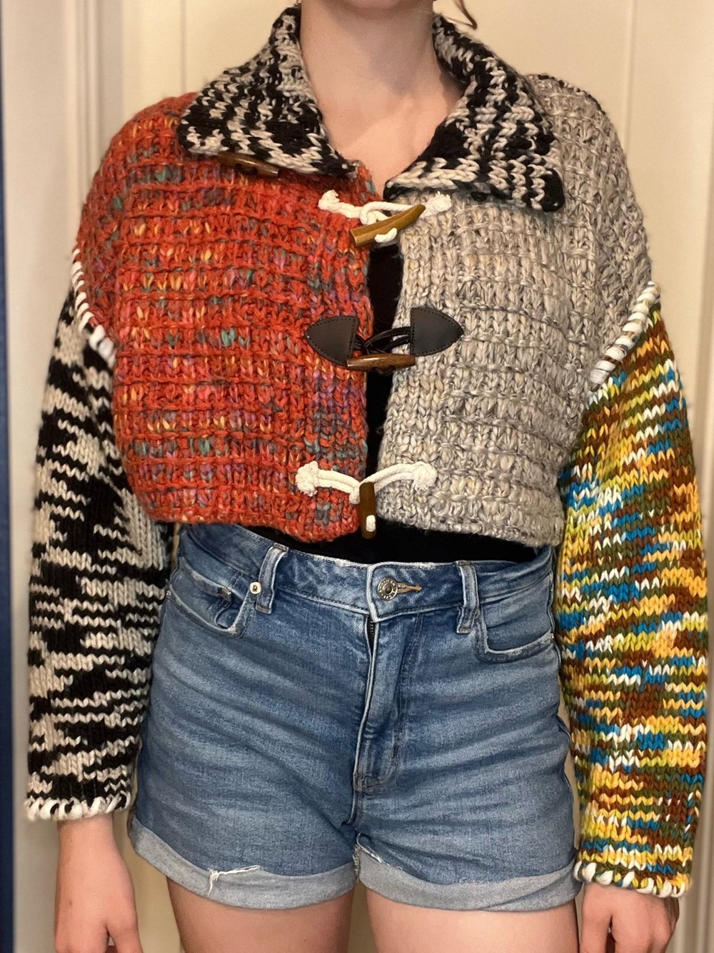 BDG Multicolor Patchwork Toggle Cardigan - Orange, Gray, Black, Yellow, Blue